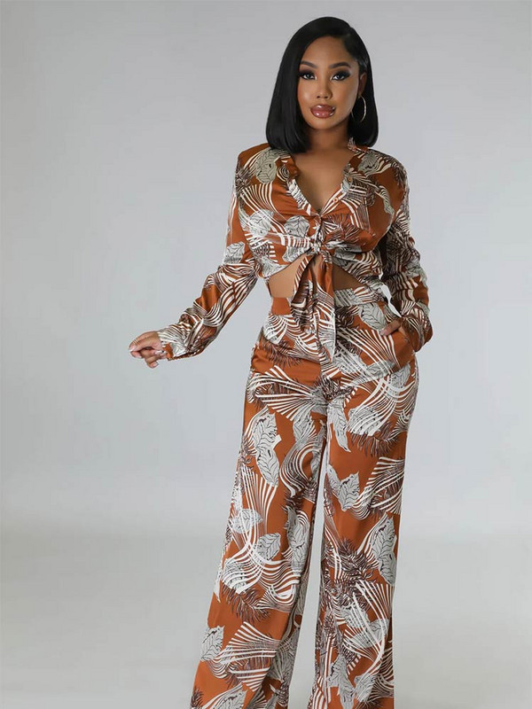 2023. aasta sügise trükitud püksid, kaheosaline komplekt naistele, moodne rev, pikkade varrukatega nöörsärk, vaba pükskostüüm, vabaaja daamiriietus