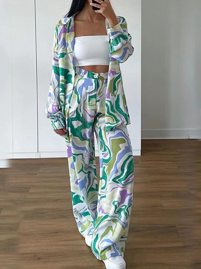 Komplet hlača s jesenskim uzorkom 2023. Ženska odjeća od 2 komada Elegantne košulje dugih rukava Ženska proljetna modna odijela s dugim hlačama visokog struka