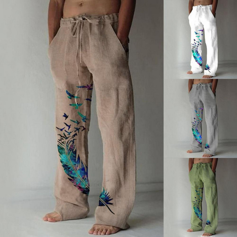 Meeste püksid Stiilsed lahtised linnumustriga sirged püksid Pikad sirged püksid