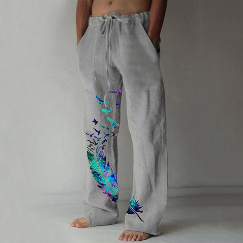 Meeste püksid Stiilsed lahtised linnumustriga sirged püksid Pikad sirged püksid