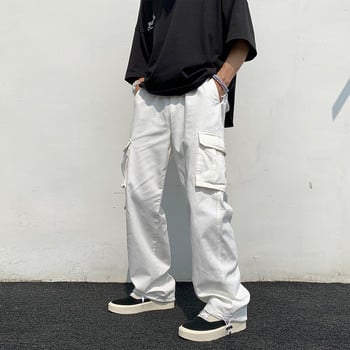 Черно/бели ежедневни панталони Мъжки модни широки прави панталони с широки крачоли Мъжки улични панталони Хип-хоп джобни карго панталони Мъжки панталони