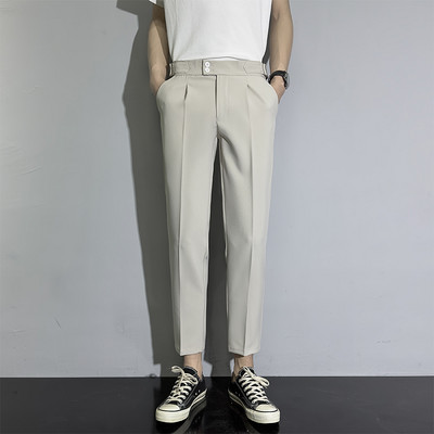 Pantaloni casual pentru bărbați, la modă coreeană, drepți, slim, cu draperie, la birou, până la glezne, pantaloni pentru bărbați, cafea, kaki, alb