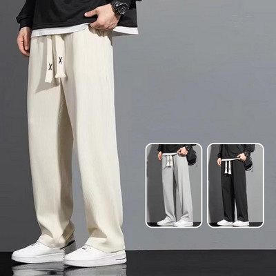Pantaloni casual pentru bărbați, culoare uni, cu șnur, talie elastică, pantaloni lungi, pantaloni largi, drepti, pantaloni lungi sport casual