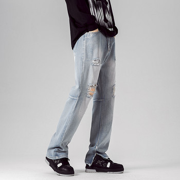 Ανδρικό τζιν με σκισίματα τζιν με λεπτή εφαρμογή Y2K ίσιο τζιν παντελόνι Hip hop σχέδιο με φερμουάρ Παντελόνι με τρύπες