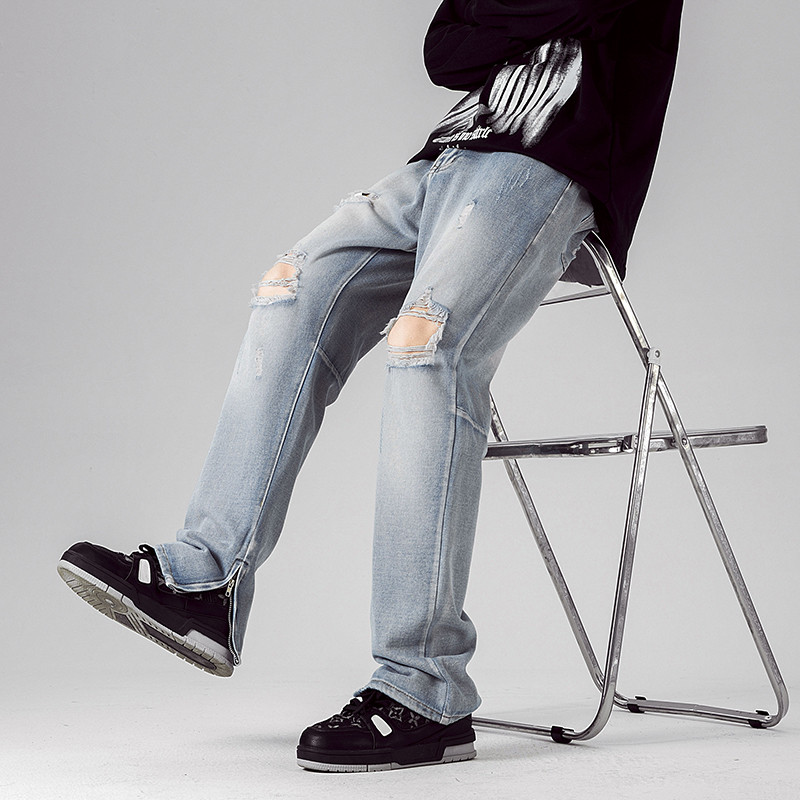 Ανδρικό τζιν με σκισίματα τζιν με λεπτή εφαρμογή Y2K ίσιο τζιν παντελόνι Hip hop σχέδιο με φερμουάρ Παντελόνι με τρύπες