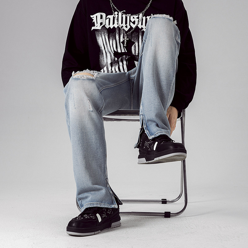 Ανδρικό τζιν με σκισίματα τζιν με λεπτή εφαρμογή Y2K ίσιο τζιν παντελόνι Hip hop σχέδιο με φερμουάρ Παντελόνι με τρύπες