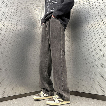 Vintage Ανδρικά φαρδιά ίσια τζιν Φθινοπωρινά μονόχρωμα casual παντελόνια παντελόνια με πλυμένα τζιν μόδα Κορεατικά streetwear Μαύρα παντελόνια