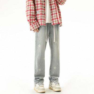 Jesen i zima 2023. Nove traperice s uzorkom zvijezda, muške široke traper hlače u američkom stilu, široke nogavice