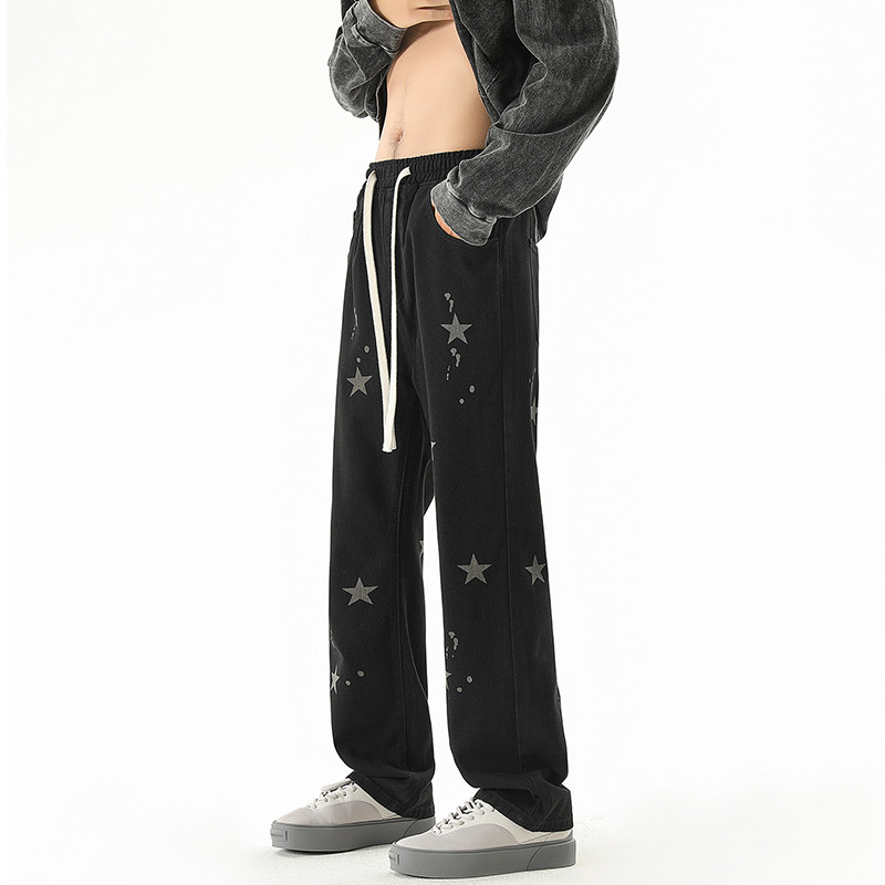 Jesen i zima 2023. Nove traperice s uzorkom zvijezda, muške široke traper hlače u američkom stilu, široke nogavice