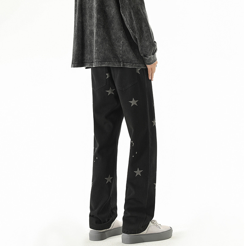 Jesen i zima 2023. Nove traperice s uzorkom zvijezda, muške široke traper hlače u američkom stilu, široke nogavice