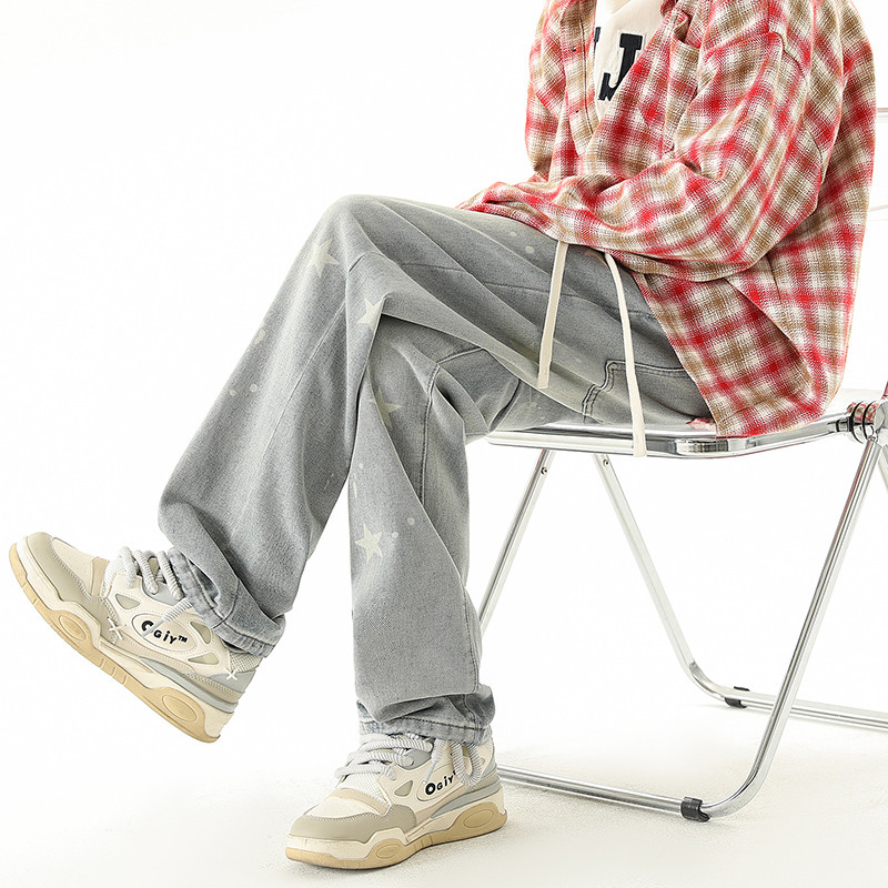 Jesen i zima 2023. Nove traperice s uzorkom zvijezda, muške široke traper hlače u američkom stilu, široke nogavice