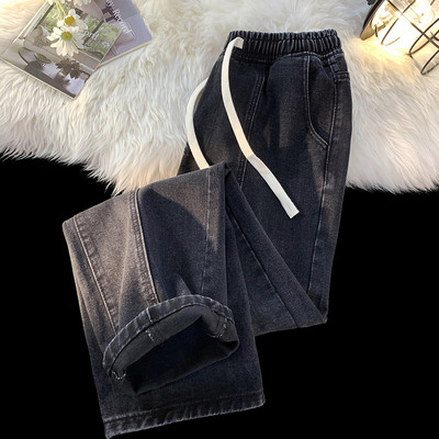 2023. aasta kevad, uus kevadsuvi, meeste lõdvad nööriga teksad Korea mood vintage teksariidest kottis laiad püksid meeste must sinine