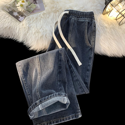 2023. aasta kevad, uus kevadsuvi, meeste lõdvad nööriga teksad Korea mood vintage teksariidest kottis laiad püksid meeste must sinine