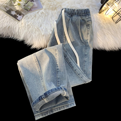 2023. aasta kevad, uus kevadsuvi, meeste lõdvad nööriga teksad Korea mood vintage teksariidest kottis laiad püksid meeste must sinine