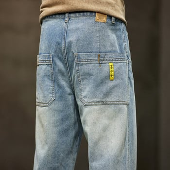 Дънки с широки крачоли Мъжки широки панталони Летни права кройка Свободни ретро сини дънкови панталони Streetwear Модни джобове Ретро мъжки дрехи