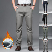 Muške zimske tople ležerne rastezljive uske hlače s podstavom od flisa, formalne ravne chino hlače, poslovne hlače