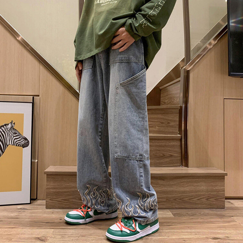 Moodne leektikandid Meeste teksad, neutraalsed laia säärega teksapüksid, lahtised sirged teksad, noorte vabaaja kottis hiphopipüksid 2023