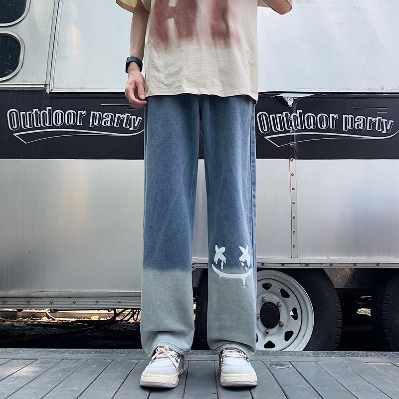 2023. aasta sügis, uus gradient, meeste kottis teksad, isikupärase disainiga tänavarõivad, sirged teksapüksid, meeste brändirõivad, sinine hall