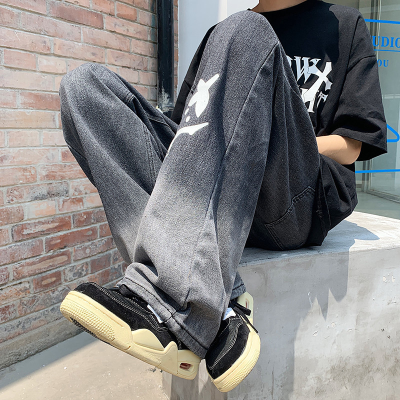 2023. aasta sügis, uus gradient, meeste kottis teksad, isikupärase disainiga tänavarõivad, sirged teksapüksid, meeste brändirõivad, sinine hall