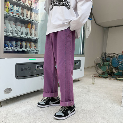 Korea mood Meeste lillad teksariidest laia säärega püksid Tänavarõivad elastne vöökoht Y2k kottis teksad sirged ülisuured püksid meessoost