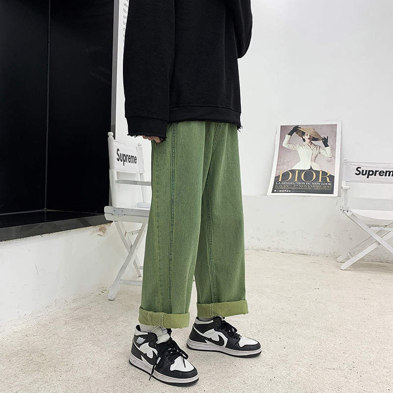 Korea mood Meeste lillad teksariidest laia säärega püksid Tänavarõivad elastne vöökoht Y2k kottis teksad sirged ülisuured püksid meessoost