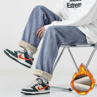 Muške široke tople traperice od flisa 2023., korejske modne traper hlače s elastičnom uzicom i podstavljenim strukom, ravne hlače