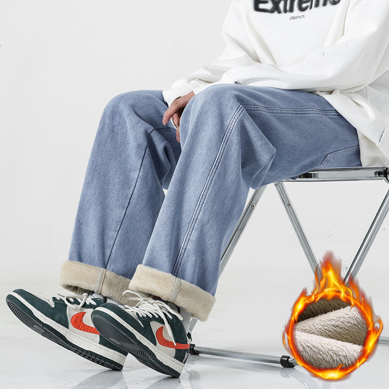 Muške široke tople traperice od flisa 2023., korejske modne traper hlače s elastičnom uzicom i podstavljenim strukom, ravne hlače