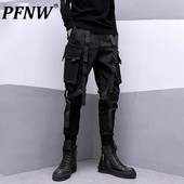 PFNW Meeste Rihmad Patchwork Darkwear Cargo Pants Skinny Autumn Tactical Stiilne Techwear püksid Punk Skinny Elastic 12A1810