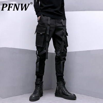 PFNW Férfi heveder Patchwork Darkwear Cargo Pants Skinny Autumn Taktikus Stílusos Techwear Nadrág Punk Skinny Elasztikus 12A1810