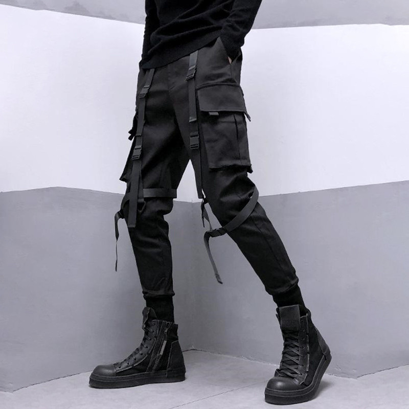 PFNW Meeste Rihmad Patchwork Darkwear Cargo Pants Skinny Autumn Tactical Stiilne Techwear püksid Punk Skinny Elastic 12A1810