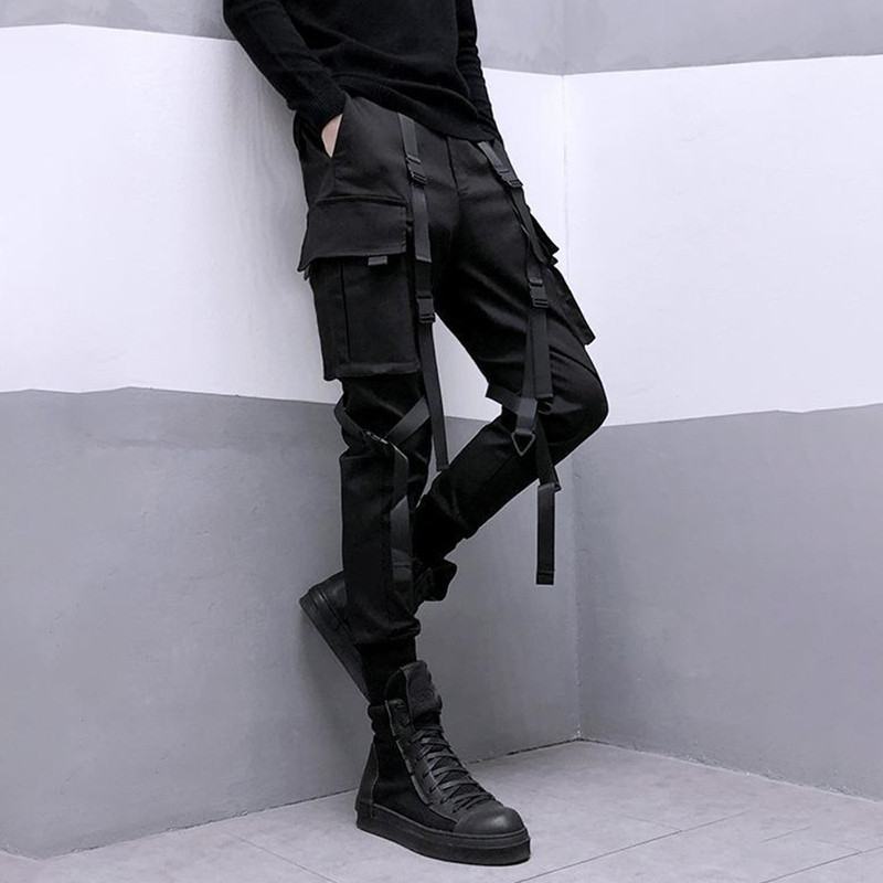 PFNW Meeste Rihmad Patchwork Darkwear Cargo Pants Skinny Autumn Tactical Stiilne Techwear püksid Punk Skinny Elastic 12A1810
