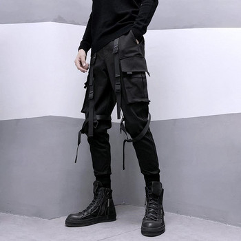 PFNW Тъмно облекло Safari Style Webbing Spliced Cargo Pants Men High Street Streetwear Elastic Waist Slim Tactical Techwear 12A1634