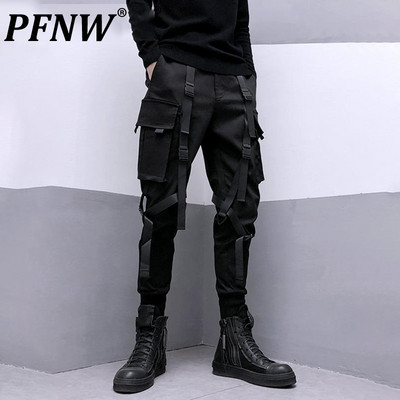 PFNW Darkwear Safari Style Webbing Spliced Cargo hlače Muškarci High Street Streetwear Elastični struk Uski Tactical Techwear 12A1634