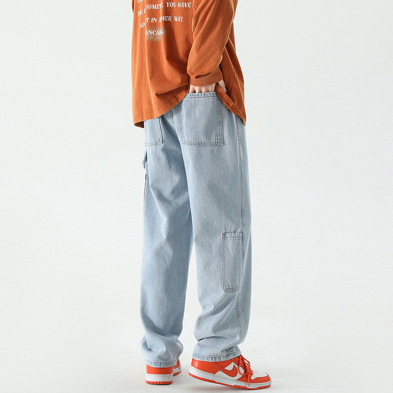 Kevadised Uued Meeste Mood Cargo Teksad Kotid Laia säärega Sirged Korea Denim Püksid Elastne vöökoht Hip Hop Tänavarõivad Y2K püksid