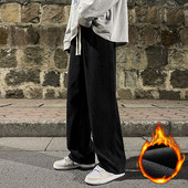 Ανδρικό φαρδύ τζιν φαρδύ τζιν Winter Fleece Παχύ Ζεστό Μόδα Streetwear Oversized Ελαστική μέση Μαύρο ίσιο τζιν παντελόνι