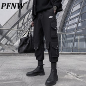 PFNW Cargo Παντελόνι Ανδρικό Λειτουργικό Wind High Street Streetwear Πολλαπλές τσέπες Μαύρο στυλ ελαστικό φαρδύ παντελόνι μέσης 12A1045