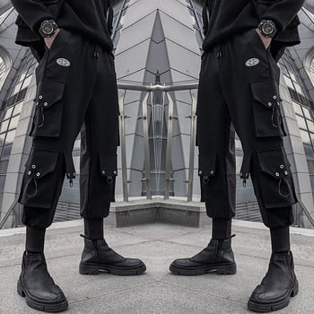 PFNW Карго панталони Мъжки функционални вятърни улични облекла с множество джобове Черни широки панталони с еластична талия 12A1045