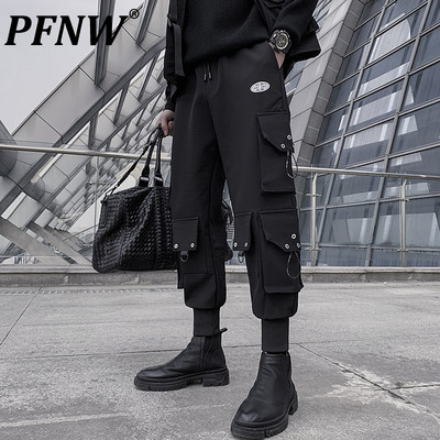 Pantaloni cargo PFNW Pantaloni funcționali pentru bărbați, îmbrăcăminte de stradă, cu mai multe buzunare, stil negru, cu talie elastică, pantaloni largi 12A1045