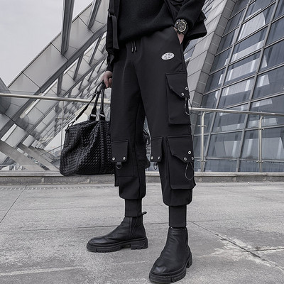 PFNW Cargo Παντελόνι Ανδρικό Λειτουργικό Wind High Street Streetwear Πολλαπλές τσέπες Μαύρο στυλ ελαστικό φαρδύ παντελόνι μέσης 12A1045