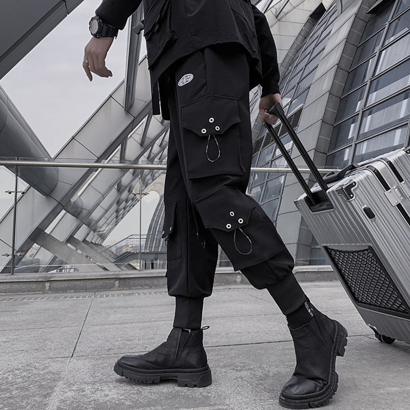 PFNW Cargo hlače, muške funkcionalne ulične odjeće za vjetar s više džepova, crne široke hlače s elastičnim strukom 12A1045