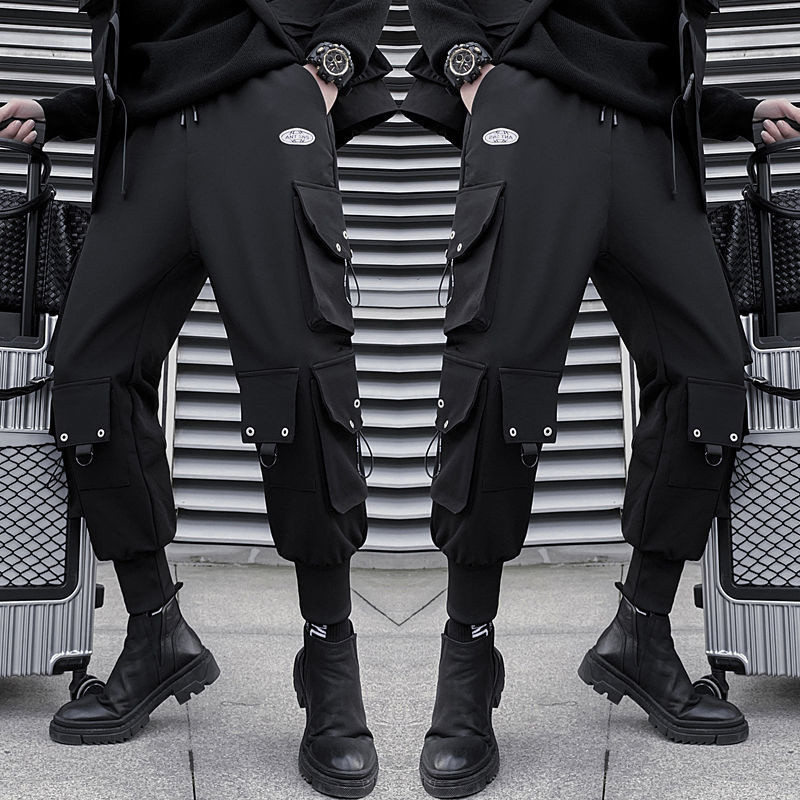 PFNW Cargo hlače, muške funkcionalne ulične odjeće za vjetar s više džepova, crne široke hlače s elastičnim strukom 12A1045