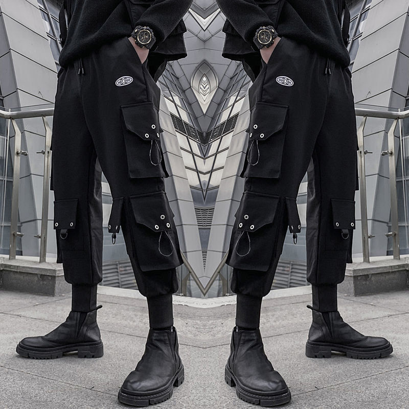 PFNW Cargo hlače, muške funkcionalne ulične odjeće za vjetar s više džepova, crne široke hlače s elastičnim strukom 12A1045