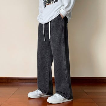 Корейски модни мъжки широки дънки Streetwear Drawring Design Baggy Jeans Свободни прави дънкови панталони Светлосини черни