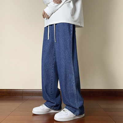 Korejske modne muške traperice širokih nogavica Streetwear Vrećaste traperice s uzicom Široke ravne traper hlače Svijetloplave crne