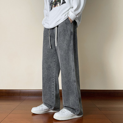 Korejske modne muške traperice širokih nogavica Streetwear Vrećaste traperice s uzicom Široke ravne traper hlače Svijetloplave crne