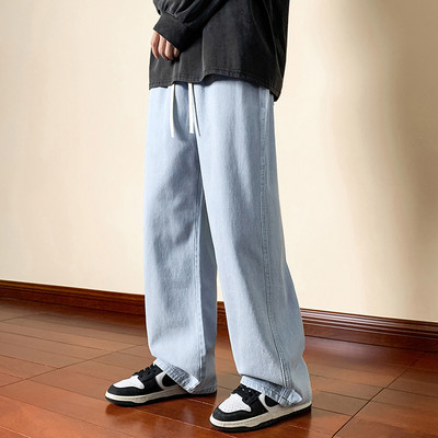 Korejske modne muške traperice širokih nogavica Streetwear Vrećaste traperice s uzicom Široke ravne traper hlače Svijetloplave crne