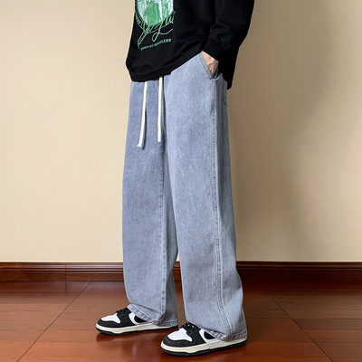 Korejske modne muške traperice širokih nogavica Streetwear Vrećaste traperice s uzicom Široke ravne traper hlače Svijetloplave crne