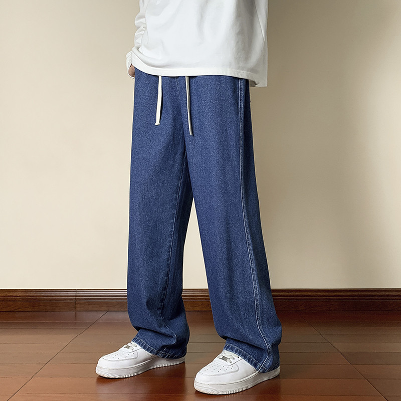 Korejske modne muške traperice širokih nogavica Streetwear Vrećaste traperice s uzicom Široke ravne traper hlače Svijetloplave crne