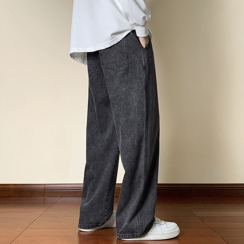 Korejske modne muške traperice širokih nogavica Streetwear Vrećaste traperice s uzicom Široke ravne traper hlače Svijetloplave crne