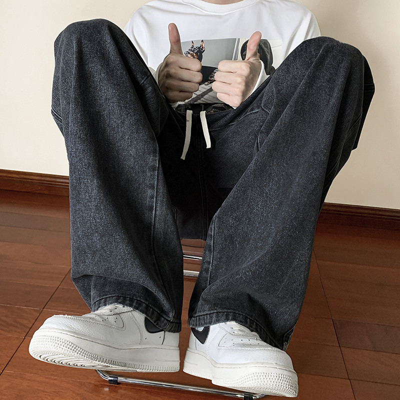Korejske modne muške traperice širokih nogavica Streetwear Vrećaste traperice s uzicom Široke ravne traper hlače Svijetloplave crne